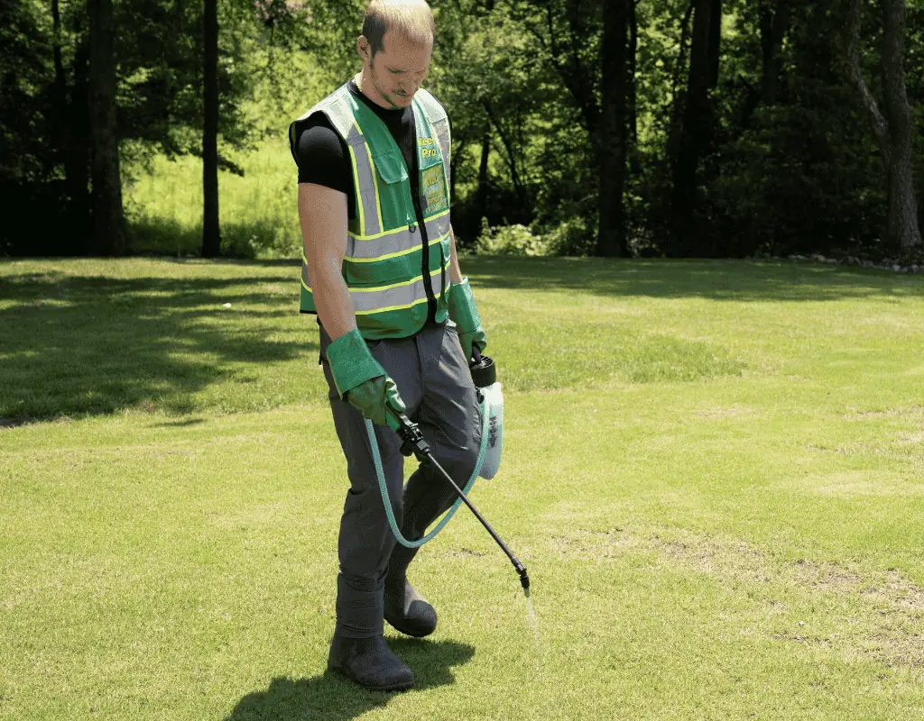 WeedPro technician in a green safety vest and gloves using a handheld sprayer to apply herbicide to isolated weeds growing within a lawn.