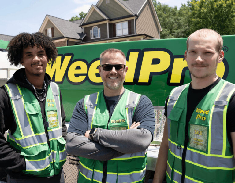 Three WeedPro specialists in branded vests standing in front of a service trailer, prepared for herbicide application.