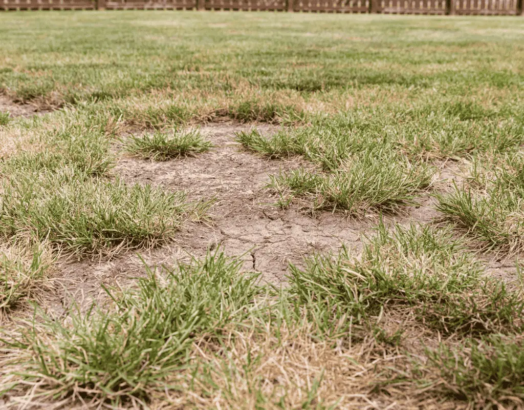 Close-up of a lawn after core aeration, showing small plugs and patchy bare spots where soil cores were removed to improve water and air penetration.