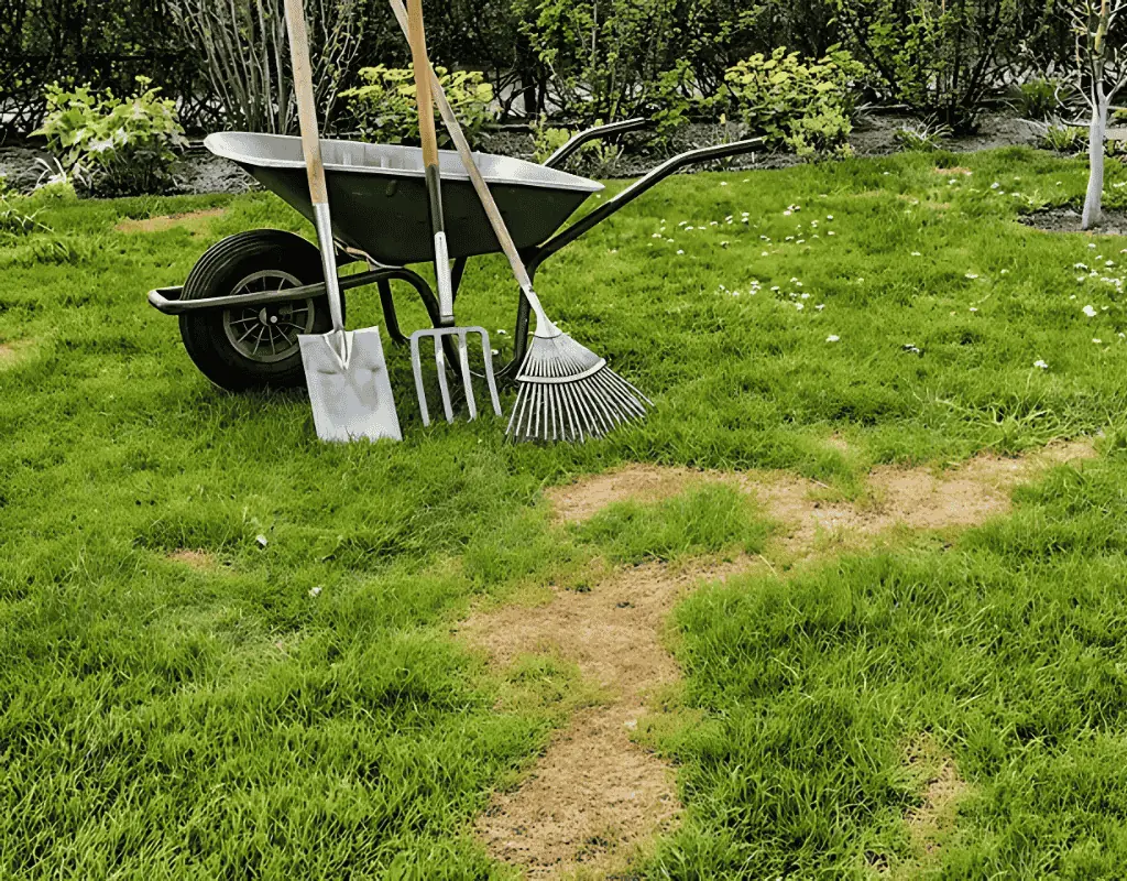 Wheelbarrow and garden tools—shovel, pitchfork, rake—resting on patchy grass, symbolizing WeedPro’s lawn repair program preparations.