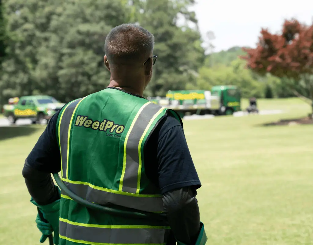 Weed Pro lawn care professional in green vest overseeing lawn maintenance with branded vehicles in the background, emphasizing local expertise in Lumpkin County, GA.