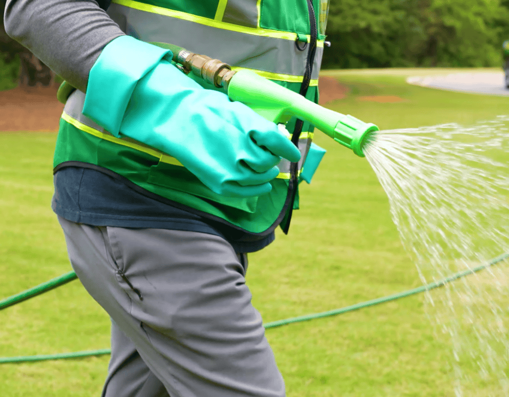 Close-up of a WeedPro technician spraying irrigation treatment on an Atlanta, GA lawn with a hose and nozzle.