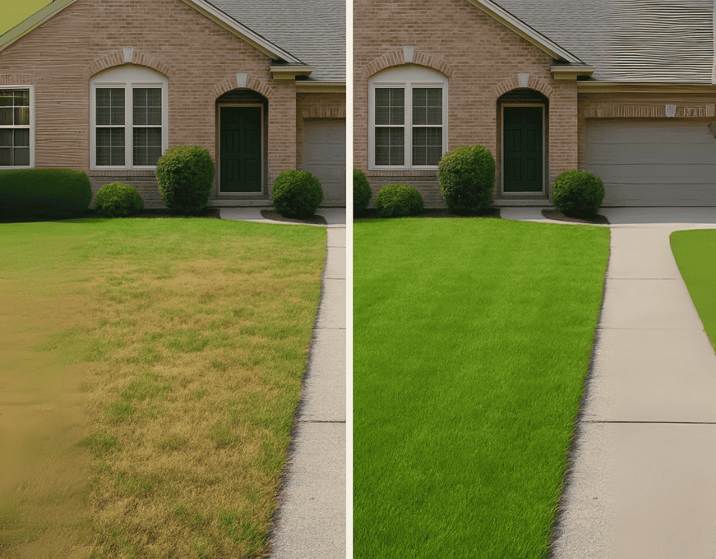 Side-by-side before-and-after view of an Atlanta, GA lawn recovering from grub damage after WeedPro’s Lawn Grub Treatment service.