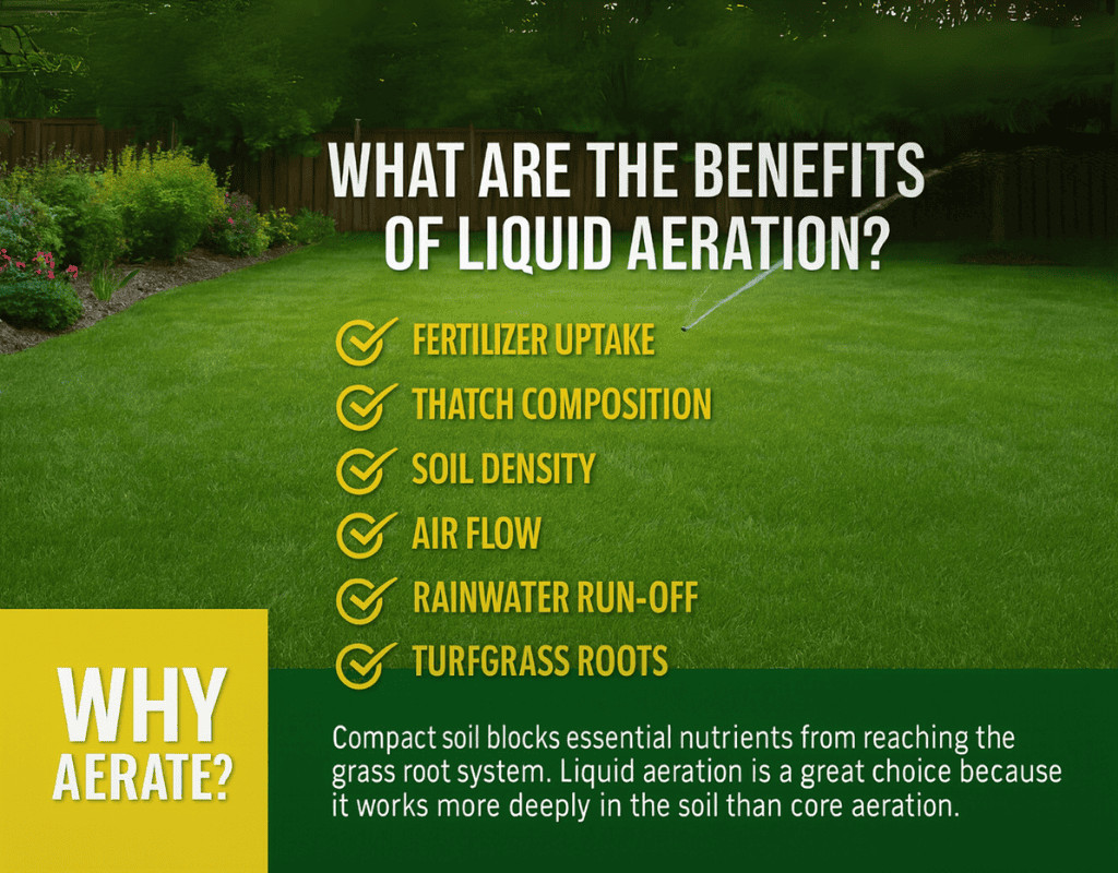 Infographic on a green lawn in Atlanta, GA listing the benefits of liquid aeration—improved fertilizer uptake, thatch breakdown, soil density, air flow, rainwater run-off, and deeper turfgrass roots.
