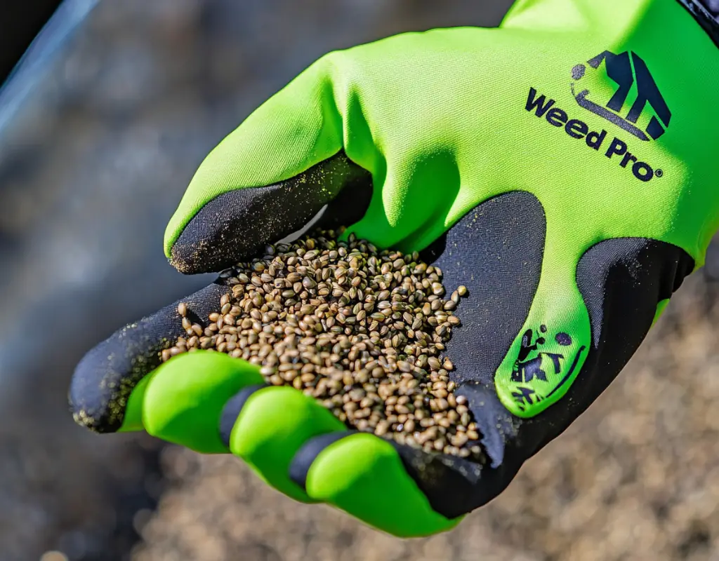 Gloved hand holding fresh grass seed over a lawn, illustrating WeedPro’s overseeding service for lawns in Atlanta, GA.