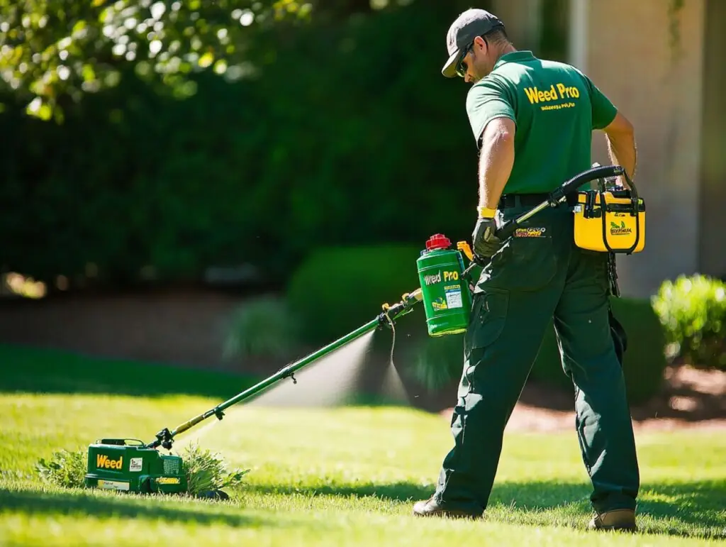 Weed Pro technician applying lawn care treatment with specialized equipment in a well-maintained yard.