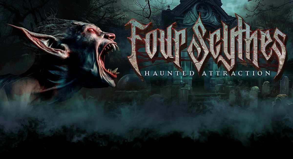 Four Scythes Haunted Attraction logo featuring a menacing creature and eerie graveyard setting, emphasizing immersive horror experiences in Cumming, GA.