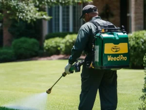 Man applying liquid weed control on a lush lawn with a WeedPro backpack sprayer, demonstrating effective lawn care practices.