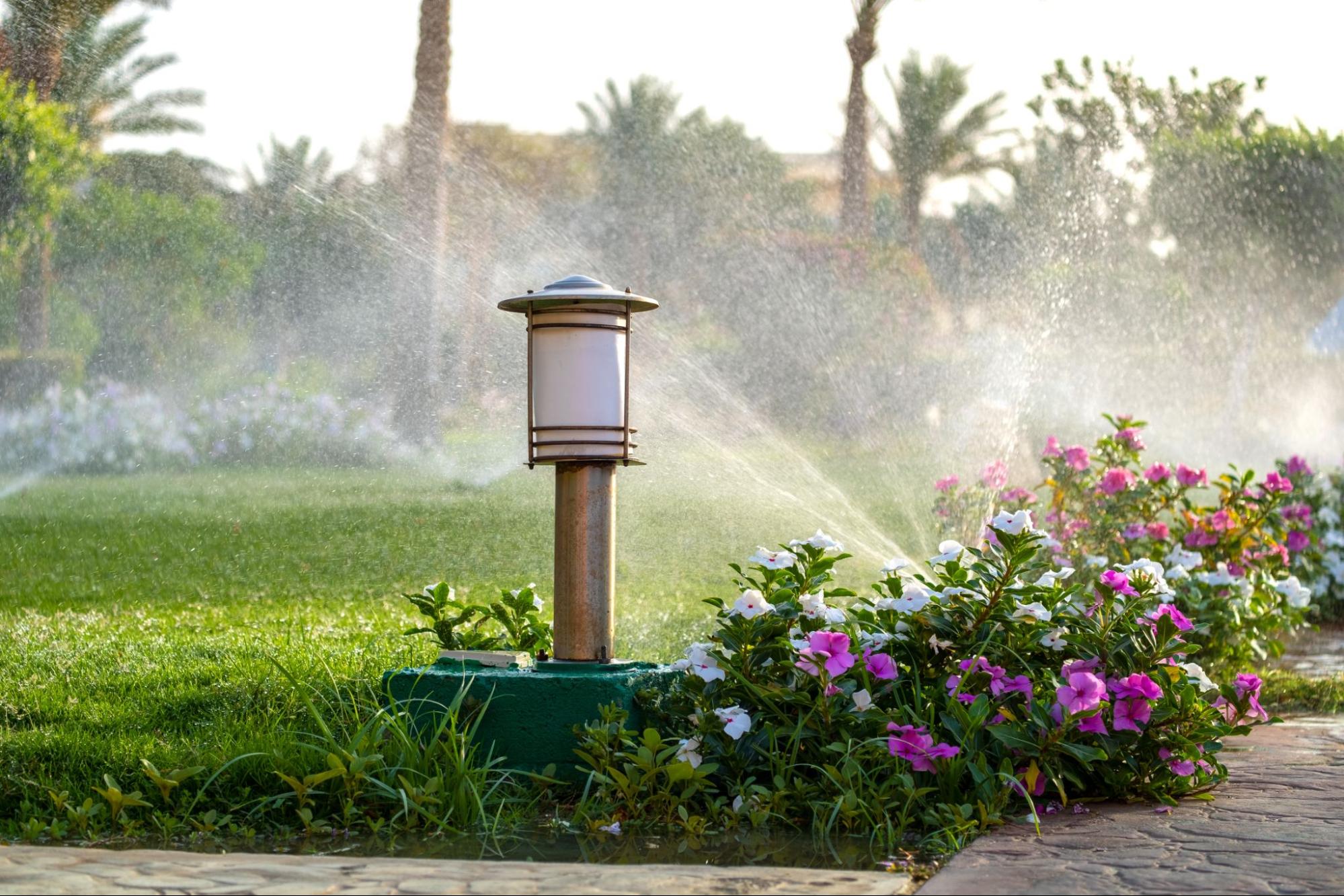 Irrigation system with a lamp and vibrant flowers in a lush lawn, showcasing effective watering techniques for healthy landscaping.