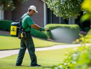 Lawn care professional from WeedPro using a backpack sprayer to apply liquid aeration treatment on a healthy green lawn in Roswell, GA.