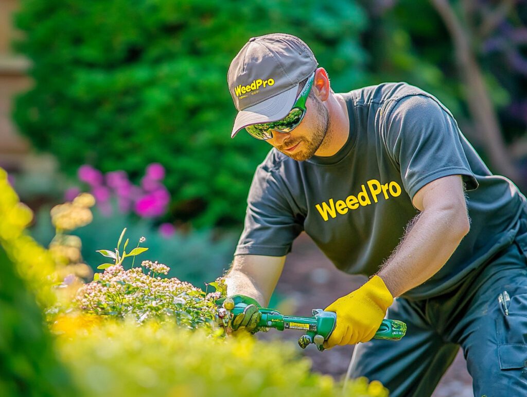 Weed Pro employee tending to garden flowers with gardening tools, showcasing professional lawn care services in a lush residential setting.
