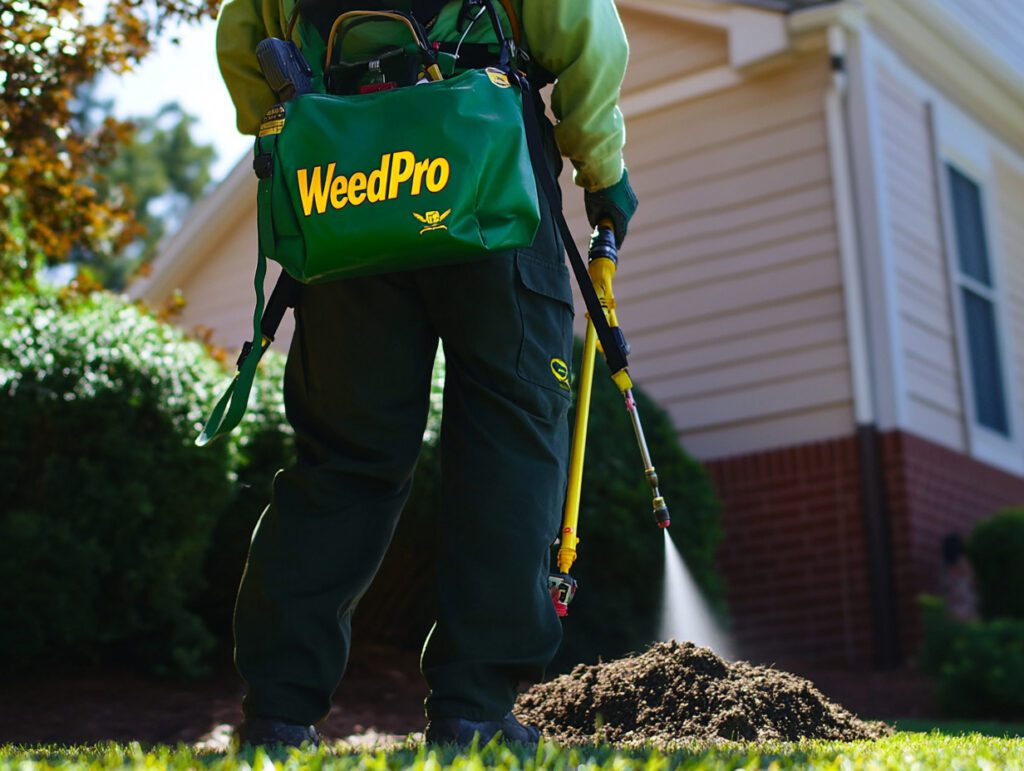 Weed Pro technician applying treatment to fire ant mound in residential yard.
