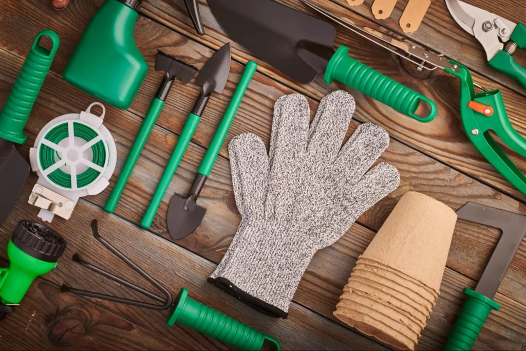 Gardening tools including gloves, trowels, and a spray bottle arranged on a wooden surface, illustrating essential equipment for lawn care and maintenance.