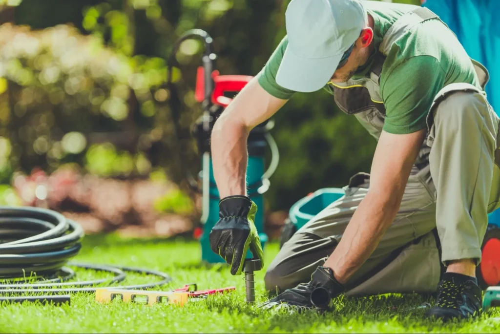 Lawn care professional using tools to maintain healthy grass and prevent brown patches in a garden setting.