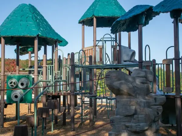 Playground structure with green, leaf-shaped roofs, climbing equipment, and rock wall, set in a sunny outdoor environment, suitable for children’s play in Gwinnett County, GA.