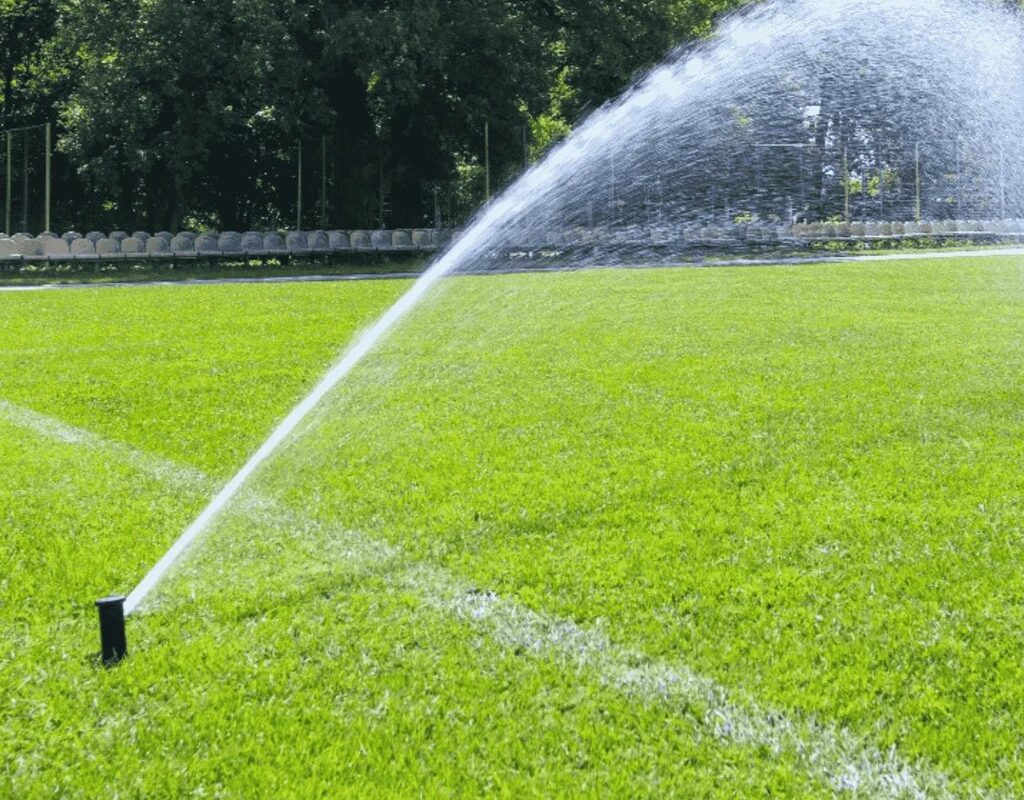 Sprinkler watering a lush green lawn, emphasizing lawn care and maintenance for healthier grass in Dahlonega, GA.