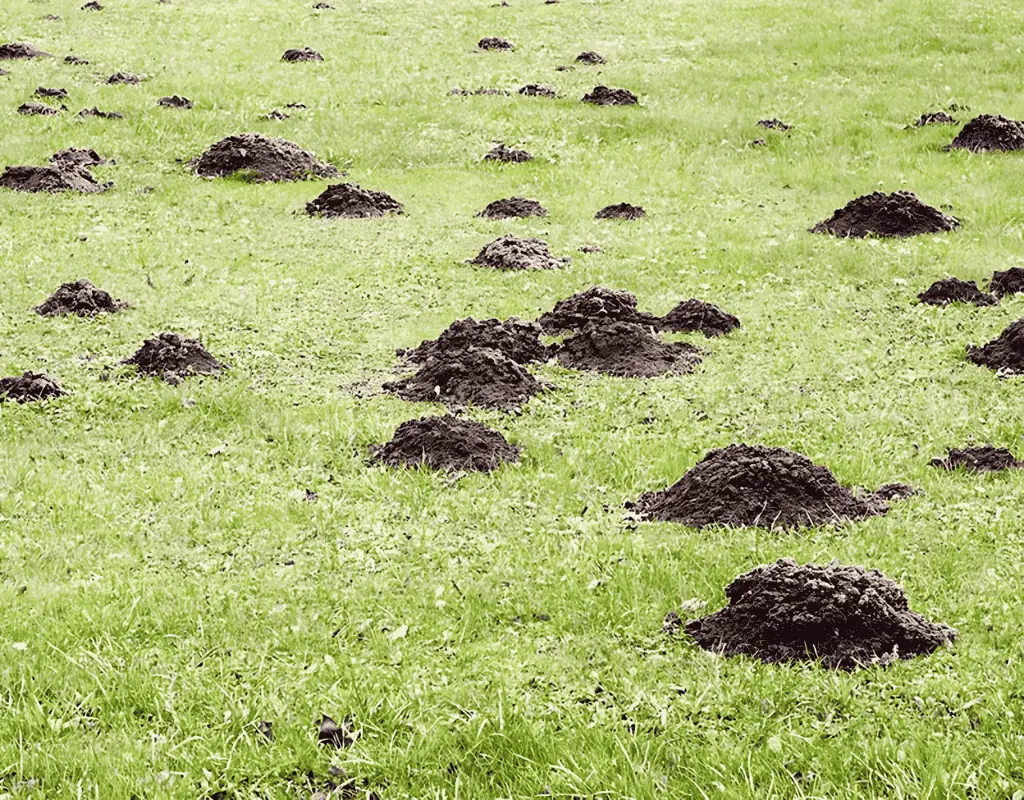 Numerous small soil mounds dotting a grassy yard, classic telltale signs of mole activity requiring targeted control.