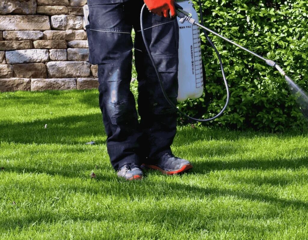 Professional lawn care specialist applying irrigation treatment on lush green grass in a residential setting.