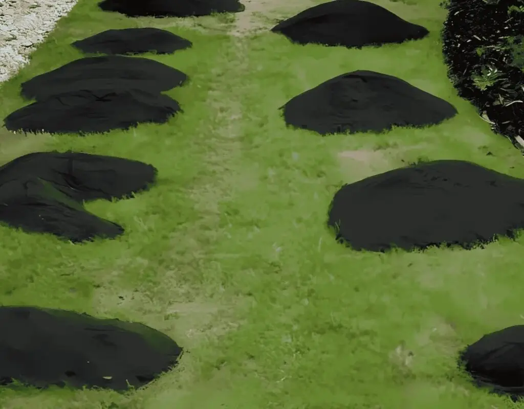 Neat piles of fine dark top-dressing soil placed on a green lawn alongside a flowerbed, ready to be spread for leveling and improved soil health.